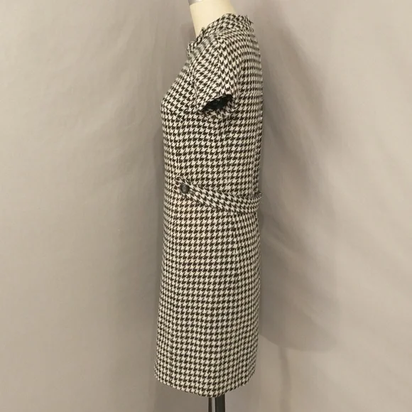 Vintage 60s Wool Dress Houndstooth Check Black & White Classy Midi SeeMeasure - Picture 3 of 16